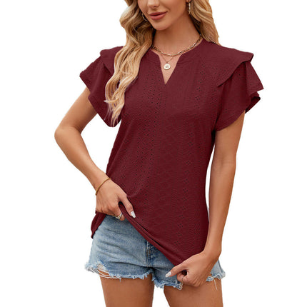 Women's Summer Eyelet Tops Ruffle Short Sleeve V Neck Casual T Shirts Blouses