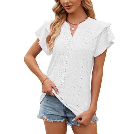 Women's Summer Eyelet Tops Ruffle Short Sleeve V Neck Casual T Shirts Blouses