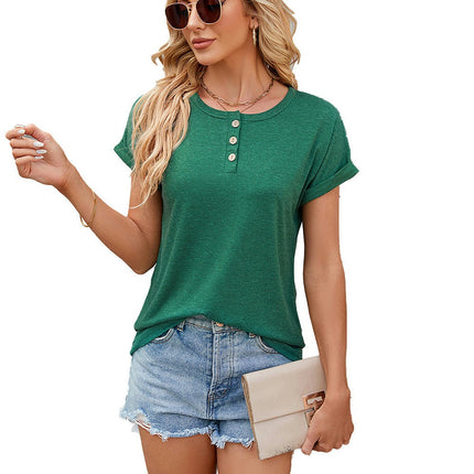 Women's Short Sleeve Shirts Button Round Neck Loose Tunic Blouses Summer Tops