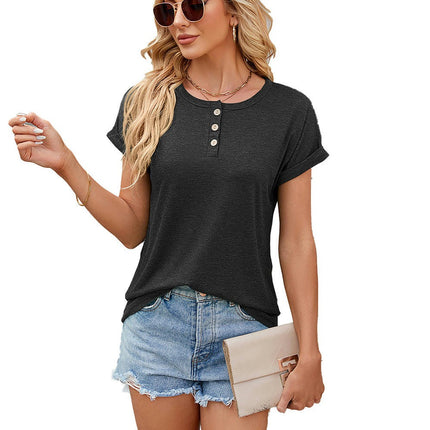 Women's Short Sleeve Shirts Button Round Neck Loose Tunic Blouses Summer Tops