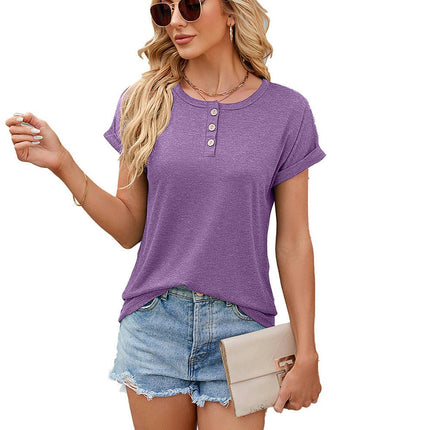 Women's Short Sleeve Shirts Button Round Neck Loose Tunic Blouses Summer Tops