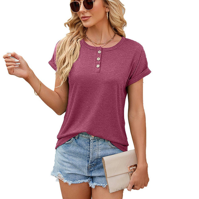 Women's Short Sleeve Shirts Button Round Neck Loose Tunic Blouses Summer Tops