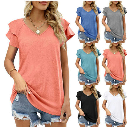 Womens Blouse V Neck Ruffle Short Sleeve Shirts Casual Summer Tops