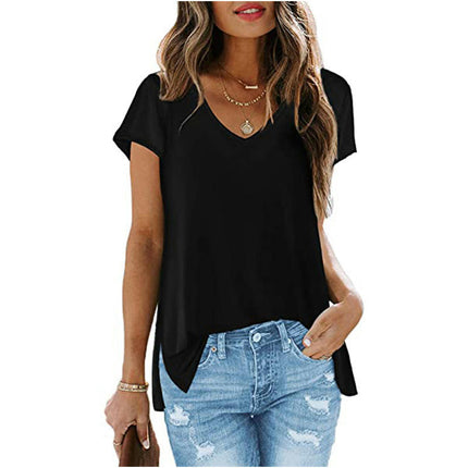 Women's Summer Short Sleeve Loose Fit Tops V Neck Side Slit Hem T-Shirt