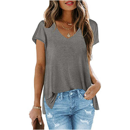 Women's Summer Short Sleeve Loose Fit Tops V Neck Side Slit Hem T-Shirt