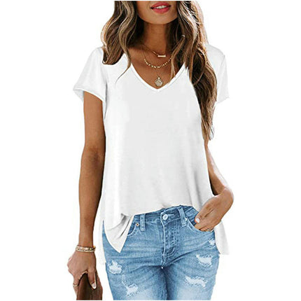 Women's Summer Short Sleeve Loose Fit Tops V Neck Side Slit Hem T-Shirt