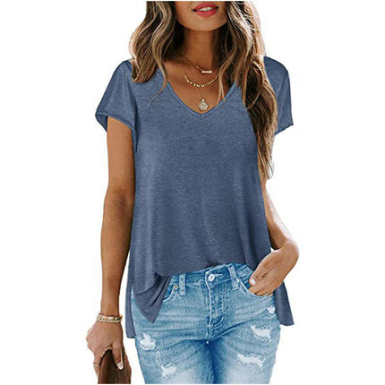 Women's Summer Short Sleeve Loose Fit Tops V Neck Side Slit Hem T-Shirt