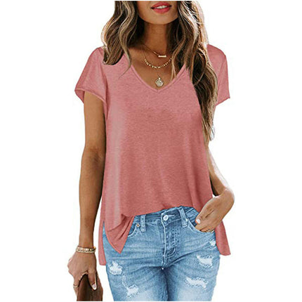 Women's Summer Short Sleeve Loose Fit Tops V Neck Side Slit Hem T-Shirt