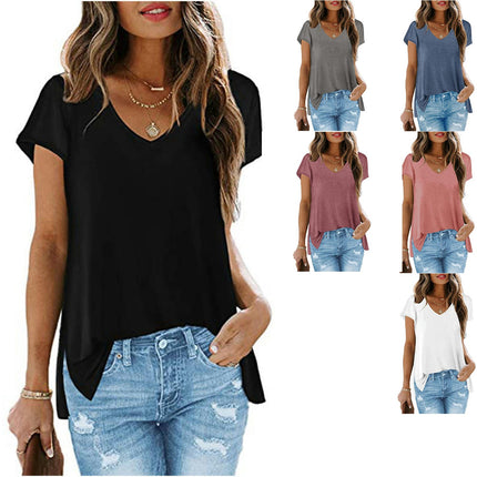 Women's Summer Short Sleeve Loose Fit Tops V Neck Side Slit Hem T-Shirt