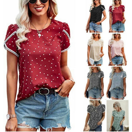 Women's Casual Lace Crochet Short Sleeve Blouse Crewneck Summer Loose Shirt Top