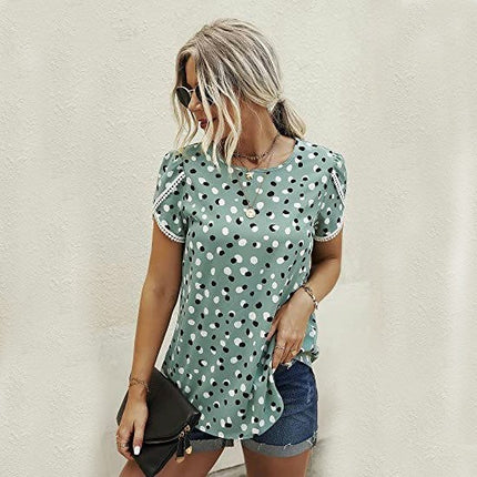 Women's Casual Lace Crochet Short Sleeve Blouse Crewneck Summer Loose Shirt Top