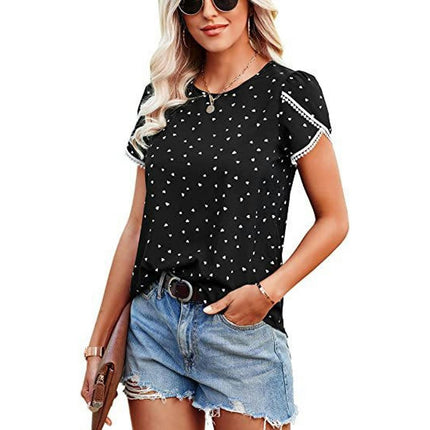 Women's Casual Lace Crochet Short Sleeve Blouse Crewneck Summer Loose Shirt Top