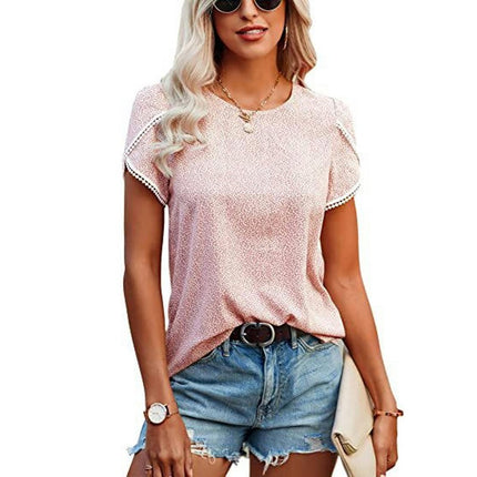 Women's Casual Lace Crochet Short Sleeve Blouse Crewneck Summer Loose Shirt Top