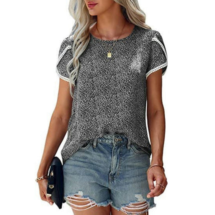 Women's Casual Lace Crochet Short Sleeve Blouse Crewneck Summer Loose Shirt Top