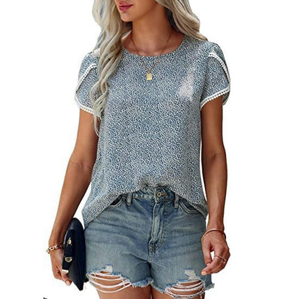 Women's Casual Lace Crochet Short Sleeve Blouse Crewneck Summer Loose Shirt Top