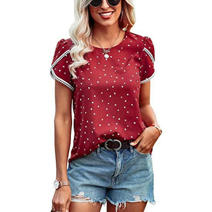 Women's Casual Lace Crochet Short Sleeve Blouse Crewneck Summer Loose Shirt Top