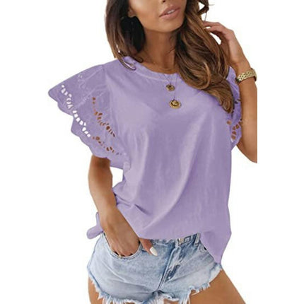 Womens Summer Tops Lace Crochet Short Sleeve Shirts Casual Crew Neck Blouse