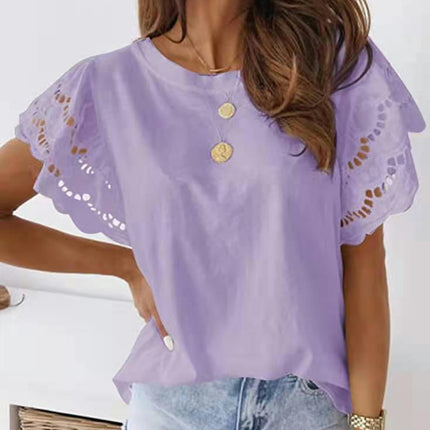 Womens Summer Tops Lace Crochet Short Sleeve Shirts Casual Crew Neck Blouse