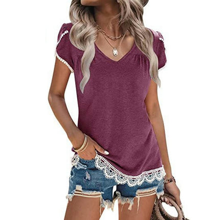 Womens V Neck Petal Short Sleeve Casual T-Shirts Lace Trim Summer Tops