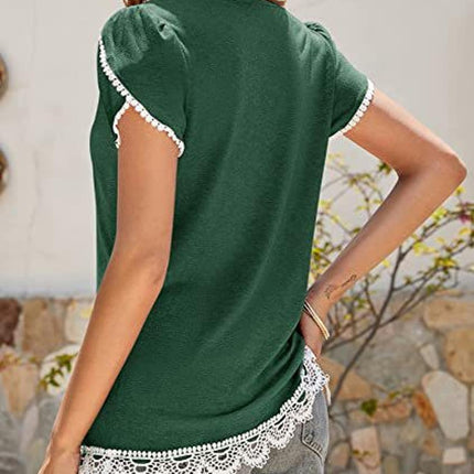 Womens V Neck Petal Short Sleeve Casual T-Shirts Lace Trim Summer Tops