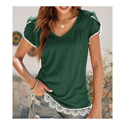 Womens V Neck Petal Short Sleeve Casual T-Shirts Lace Trim Summer Tops