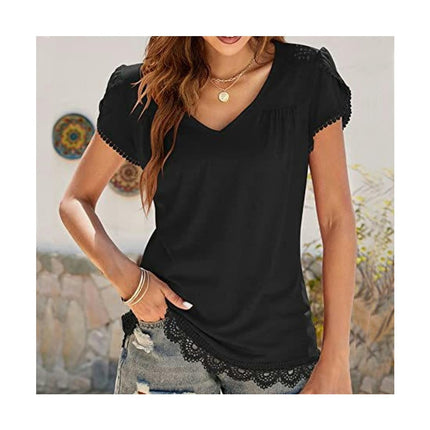 Womens V Neck Petal Short Sleeve Casual T-Shirts Lace Trim Summer Tops