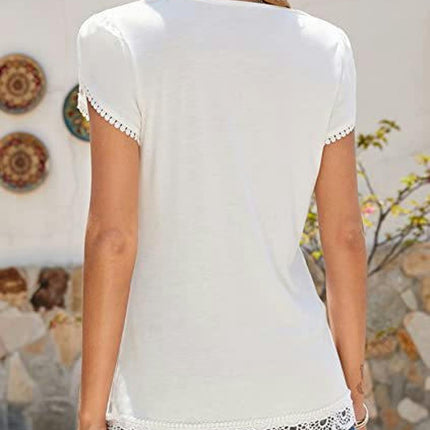 Womens V Neck Petal Short Sleeve Casual T-Shirts Lace Trim Summer Tops