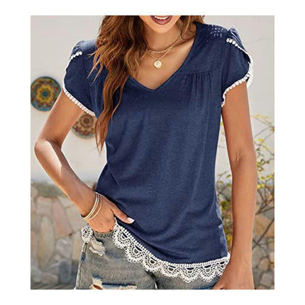 Womens V Neck Petal Short Sleeve Casual T-Shirts Lace Trim Summer Tops