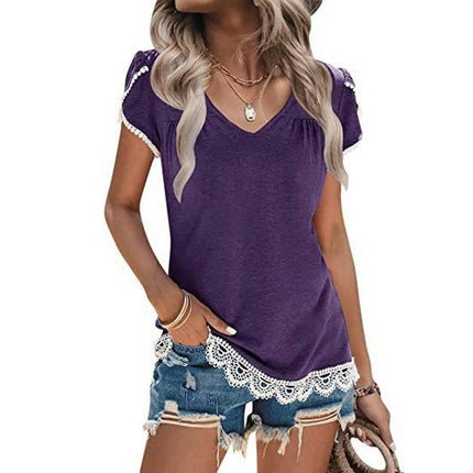 Womens V Neck Petal Short Sleeve Casual T-Shirts Lace Trim Summer Tops