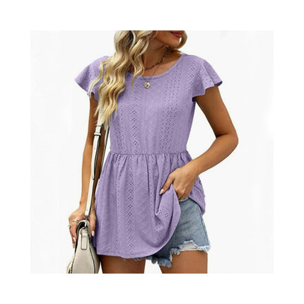 Women's Loose Ruffle Hem Short Sleeve Crewneck Eyelets Blouse Top