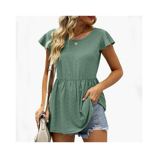 Women's Loose Ruffle Hem Short Sleeve Crewneck Eyelets Blouse Top