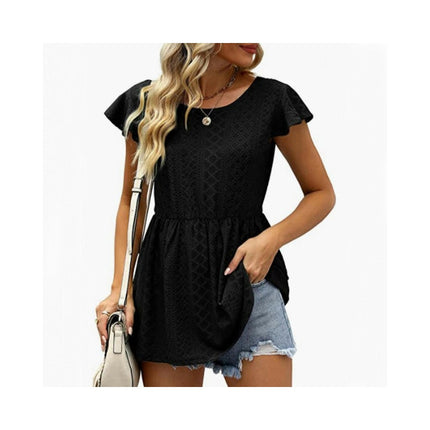 Women's Loose Ruffle Hem Short Sleeve Crewneck Eyelets Blouse Top