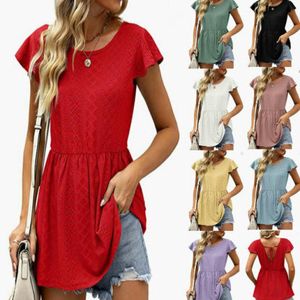 Women's Loose Ruffle Hem Short Sleeve Crewneck Eyelets Blouse Top