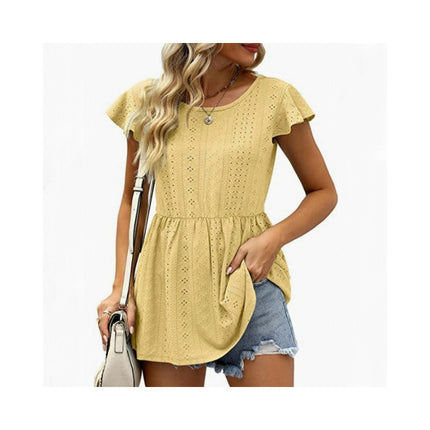 Women's Loose Ruffle Hem Short Sleeve Crewneck Eyelets Blouse Top