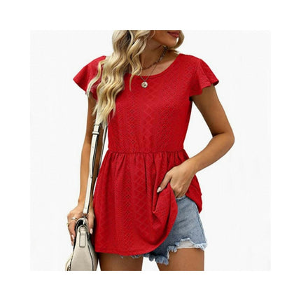 Women's Loose Ruffle Hem Short Sleeve Crewneck Eyelets Blouse Top