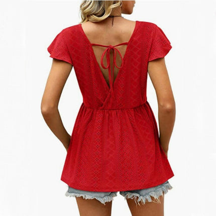 Women's Loose Ruffle Hem Short Sleeve Crewneck Eyelets Blouse Top