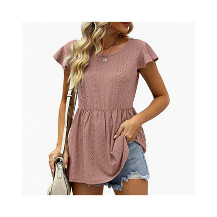 Women's Loose Ruffle Hem Short Sleeve Crewneck Eyelets Blouse Top