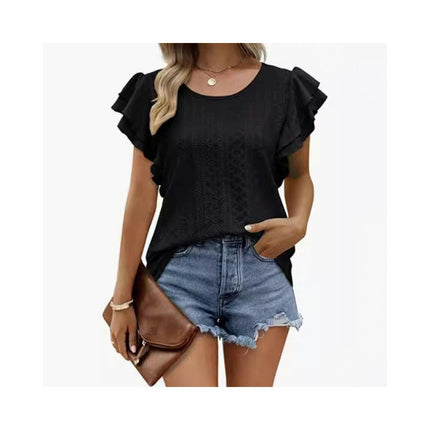 Womens Summer Tops Crewneck Eyelet Ruffle Short Sleeve Casual Blouses