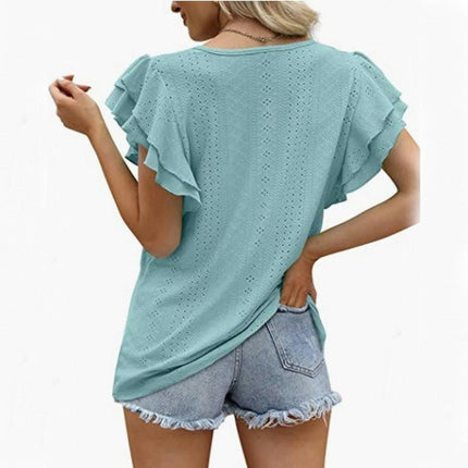 Womens Summer Tops Crewneck Eyelet Ruffle Short Sleeve Casual Blouses