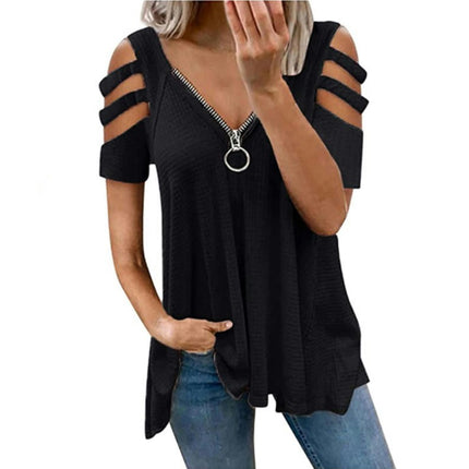 Women's Summer Short Sleeve Tops Cold Shoulder Zipper V Neck T Shirts