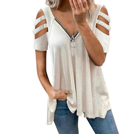 Women's Summer Short Sleeve Tops Cold Shoulder Zipper V Neck T Shirts