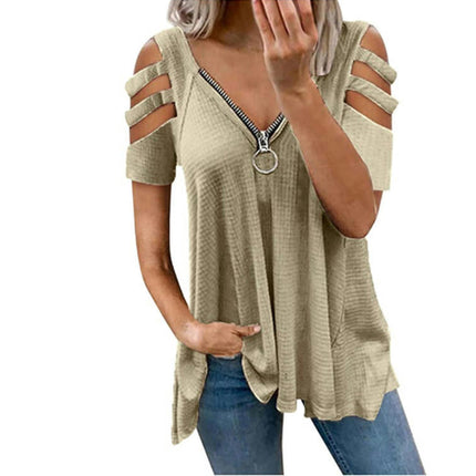 Women's Summer Short Sleeve Tops Cold Shoulder Zipper V Neck T Shirts