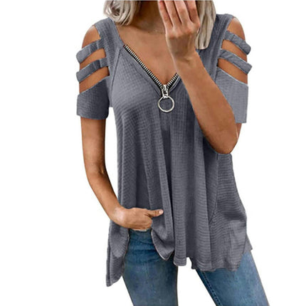 Women's Summer Short Sleeve Tops Cold Shoulder Zipper V Neck T Shirts