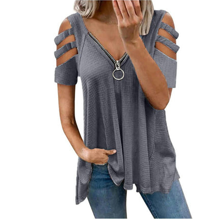 Women's Summer Short Sleeve Tops Cold Shoulder Zipper V Neck T Shirts