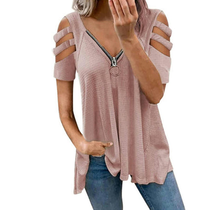 Women's Summer Short Sleeve Tops Cold Shoulder Zipper V Neck T Shirts