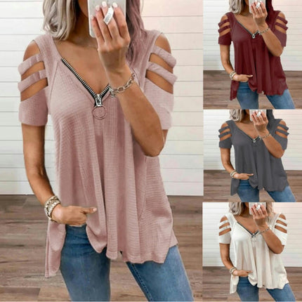 Women's Summer Short Sleeve Tops Cold Shoulder Zipper V Neck T Shirts