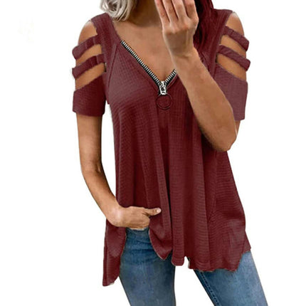 Women's Summer Short Sleeve Tops Cold Shoulder Zipper V Neck T Shirts