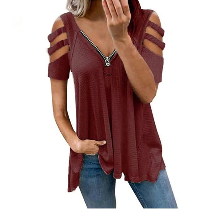 Women's Summer Short Sleeve Tops Cold Shoulder Zipper V Neck T Shirts