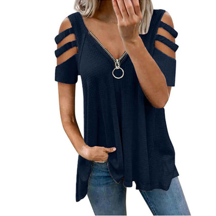 Women's Summer Short Sleeve Tops Cold Shoulder Zipper V Neck T Shirts