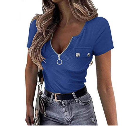 Women's Zipper V Neck Summer Tops Short Sleeve Slim Fit Casual T-Shirt